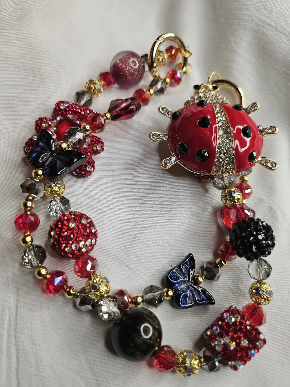 Red Ladybug Charm Statement Bracelet Necklace
